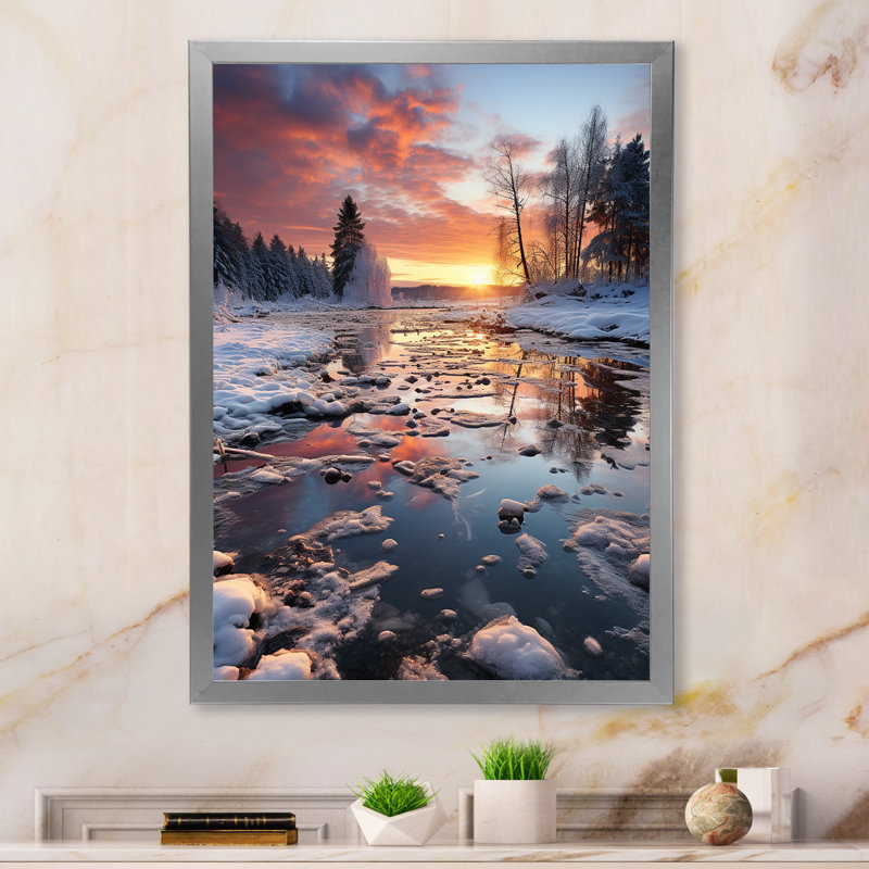 " Winter Sunset Snowfall II ", 32" H x 24" W x 1" D, Gray Single Picture Framed