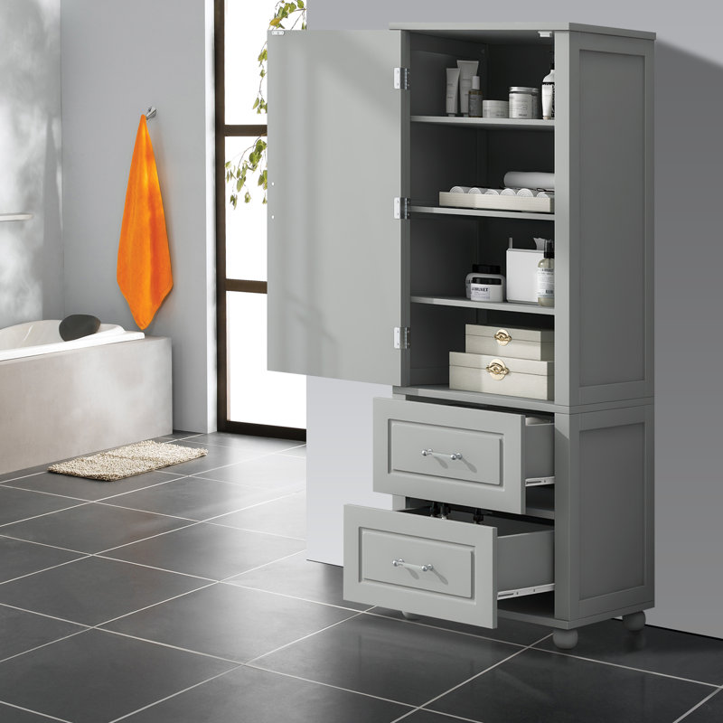 Grande armoire de rangement autoportante pour salle de bain avec 2 tiroirs et tablette réglable, organisateur en MDF peint