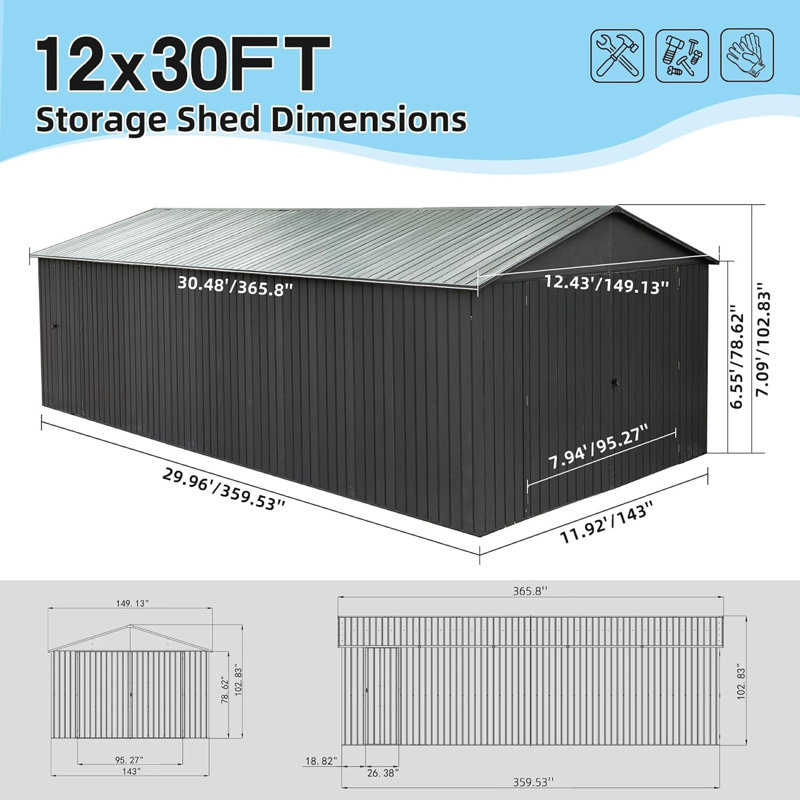Large Sheds with Storage 12x30FT Metal Modern Garage for Home Backyard