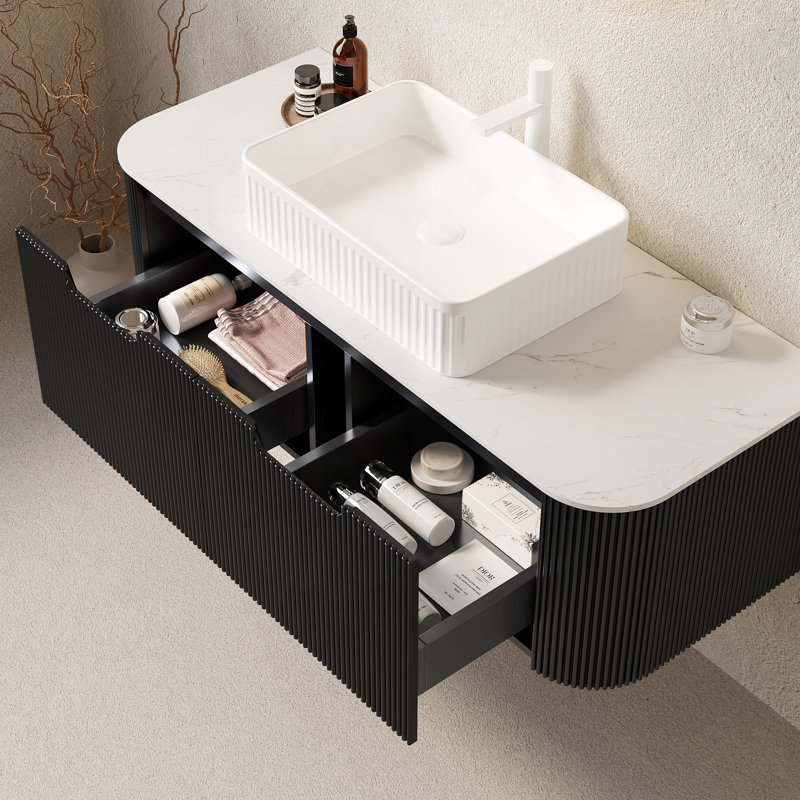 Meuble-lavabo 48 po avec lavabo, meuble-lavabo mural à bords arrondis avec 2 tiroirs, lavabo rectangulaire en céramique blanc, sans robinet, pré-assemblé, couleur noire