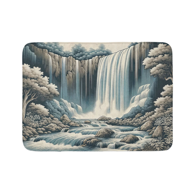 Blue Grey Sepia Waterfall Art Polyester Bath Mat