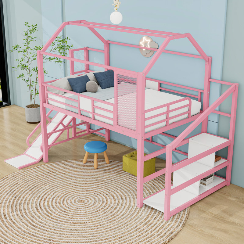 Dreamy House-Shaped Loft Bed With Stairs, Slide And Storage Shelves, Full, Pink