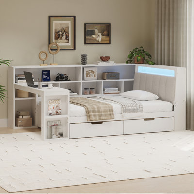 L-shaped Wooden Daybed with Under-bed Drawers and LED Light for Bedroom by Brayden Studio