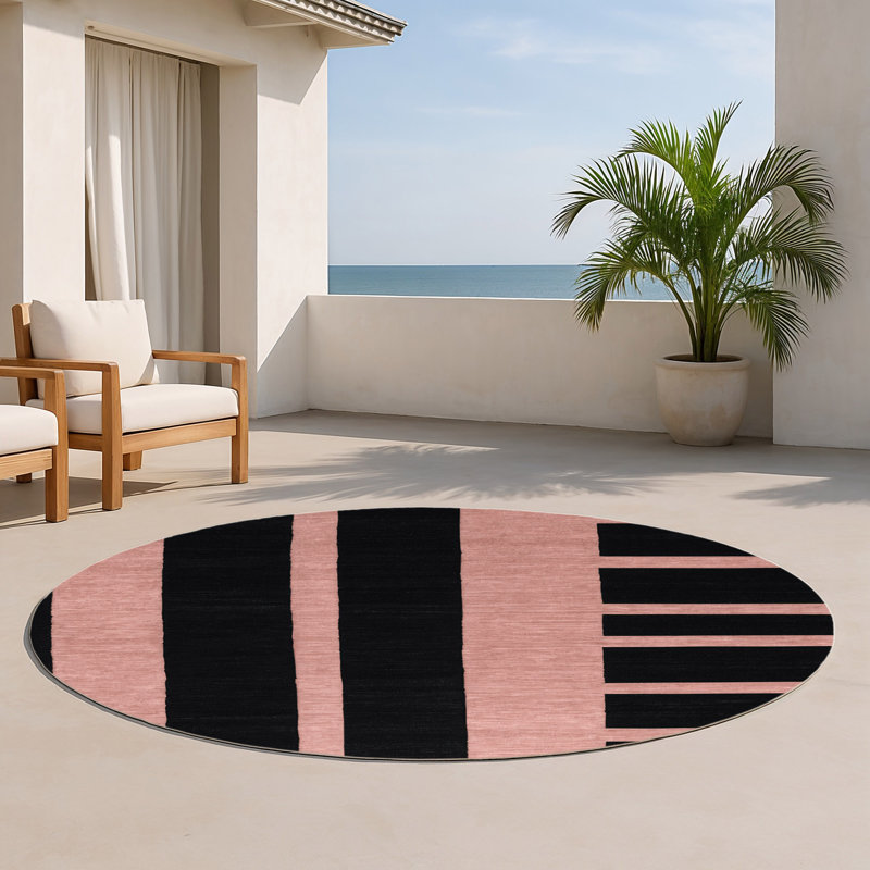 Tapis intérieur / extérieur noir HorizontalStripes, Rond 5 pi