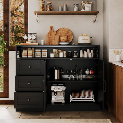 Large Buffet Cabinet 47in, Modern Farmhouse Sideboard with Storage, Wood Cupboard Storage Pantry Cabinet with 3 Drawers, 2 Barn Doors&Adjustable Shelf, for Kitchen, Living Room
