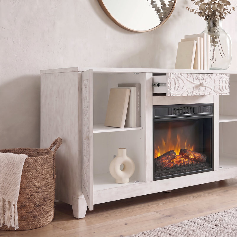 Console de foyer électrique Dix Carved Mandela avec tablette de rangement ajustable, blanche, White