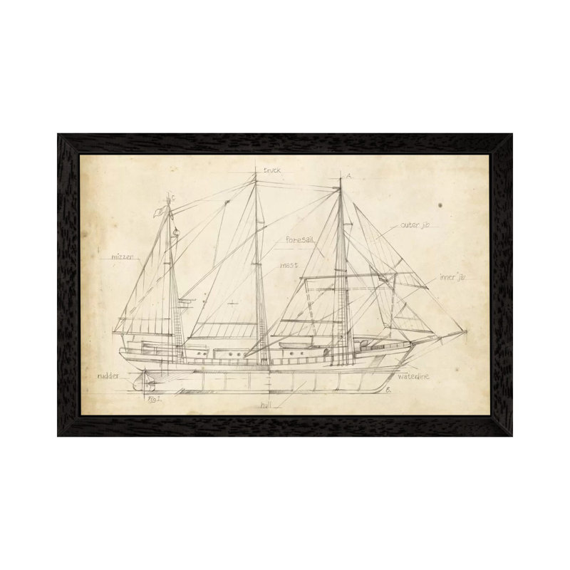 Sailboat Blueprint II by Ethan Harper - Floater Frame Print on Canvas, 66.04 cm H x 45.72 cm W, Black Framed