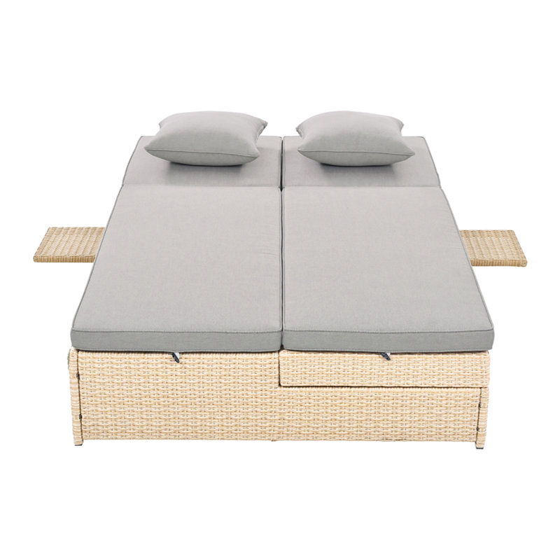Outdoor Double Sunbed, Wicker Rattan Patio Reclining Chairs With Adjustable Backrest And Seat, Conversational Set For 2 Person, Gray