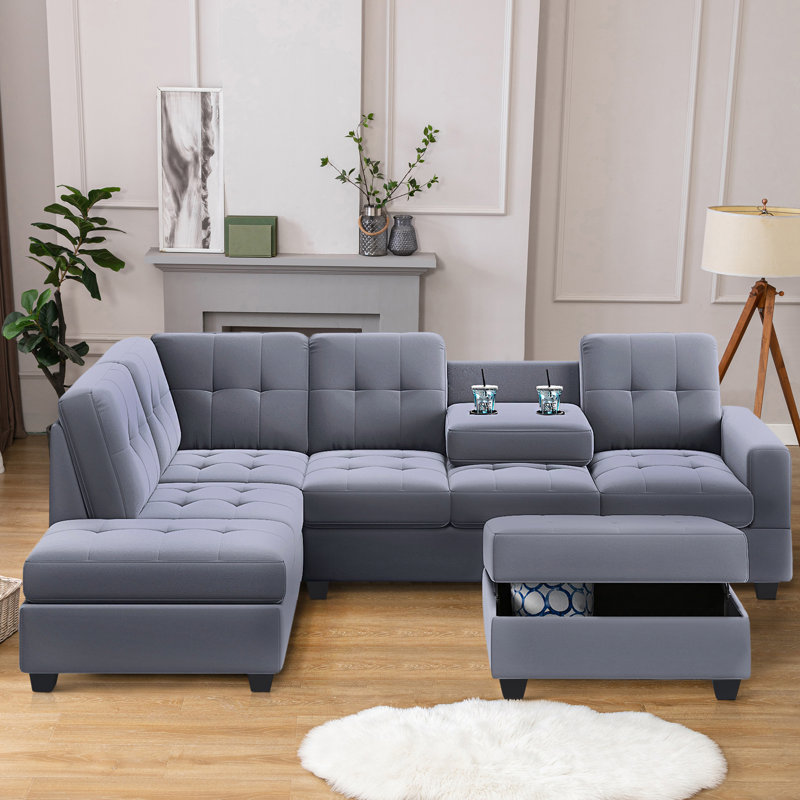 Canapé modulaire réversible de large de 104 po avec repose-pieds Recio, Velours gris velours