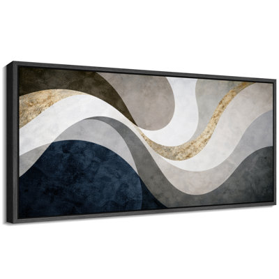 Abstract Blue Gold Beige Fluid Wave Pattern Artwork, Contemporary Living Room Pictures, Framed Canvas Giclee Print Wall Art