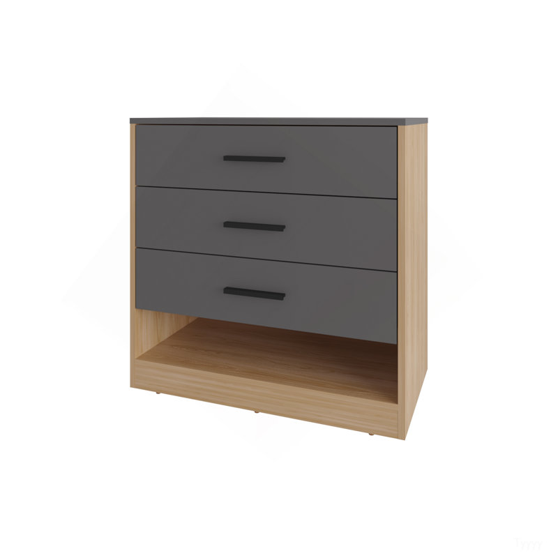 Commode avec 3 tiroirs et tablette ouverte Lowrys, chêne naturel et gris mat