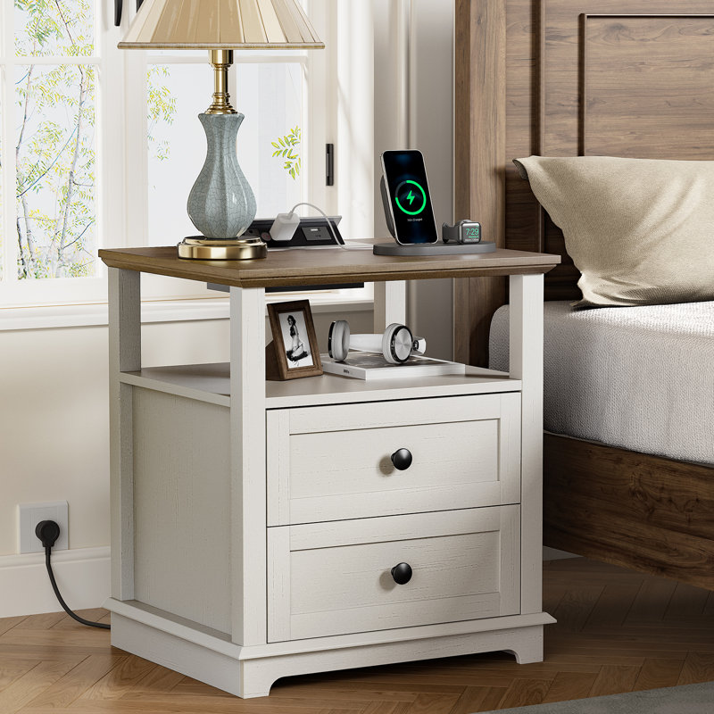 2 Drawers Sets Danforth with Storage and Built-in Charging Station, White