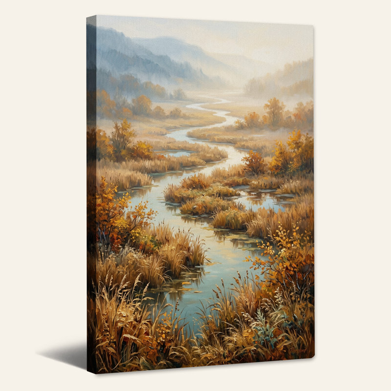 Tableau sur toile représentant une vallée fluviale brumeuse aux feuillages d'automne dorés, H 30 po x l 20 po