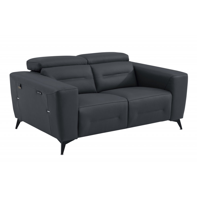 Wilkish Top Grain Italian Leather Power Reclining Loveseat, Dark Gray Genuine Leather