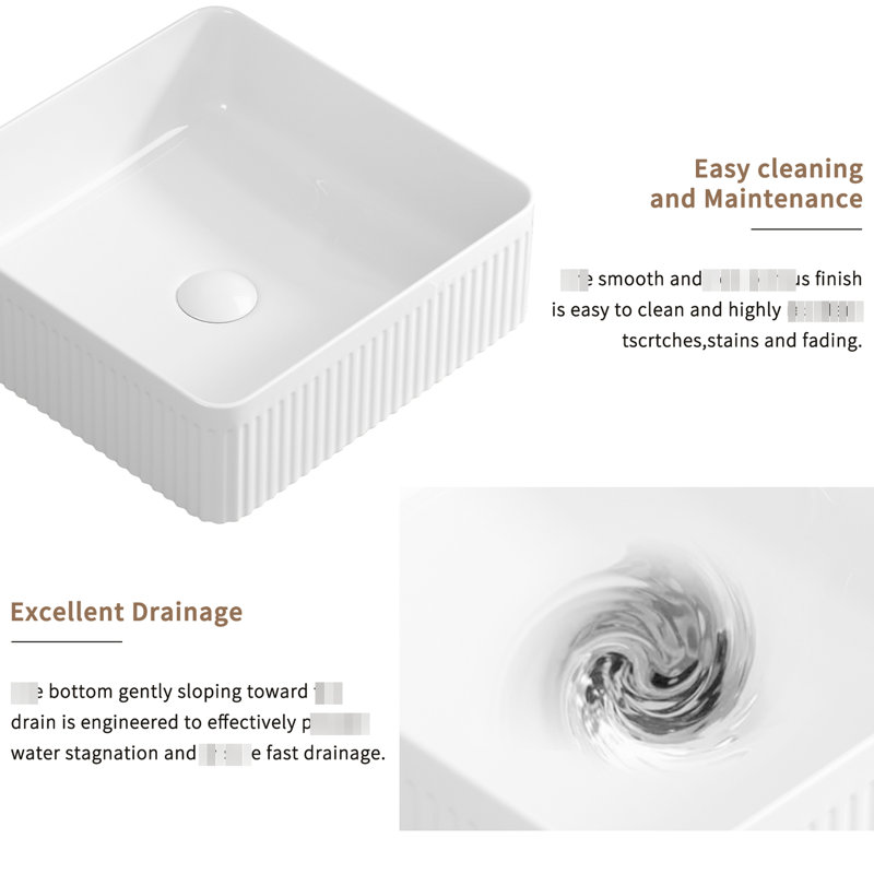 Bathroom Vessel Sink, 15X15 Inches, Rectangular Porcelain Ceramic, Striped Design, Compatible With Various Faucets, Stain - 15 Inch Sink Of Bold Statement In Bathroom, High Temperature Fired
