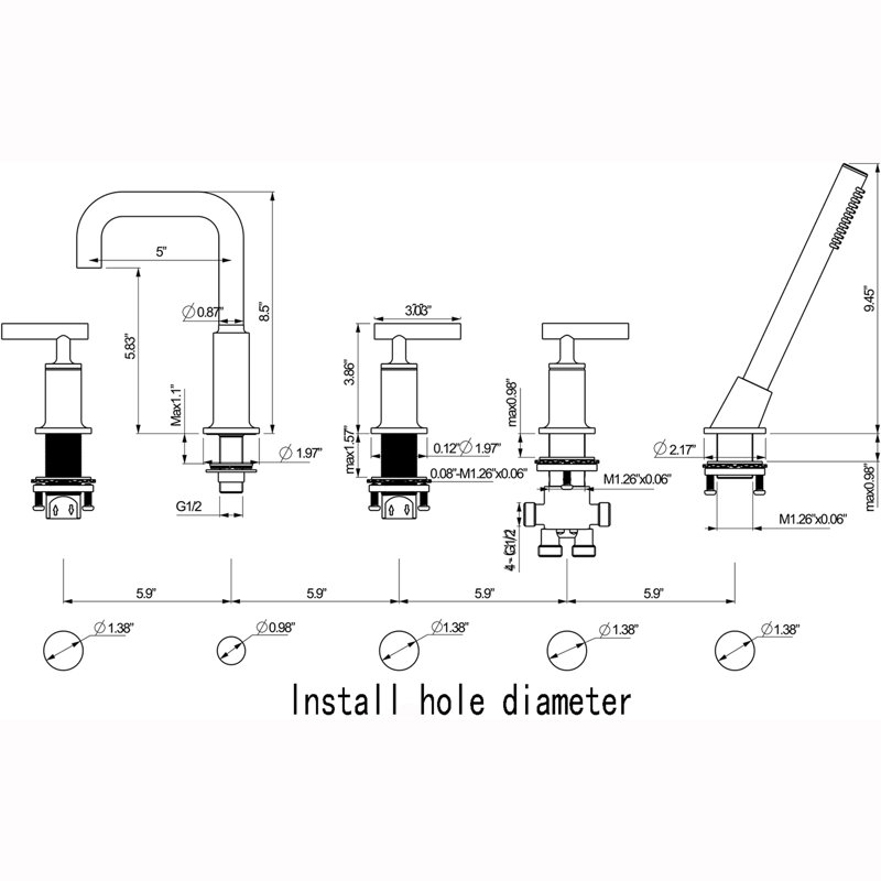 8.5" Roman Tub Faucet Set with Rough-in Valve and Hand Shower Bathroom, Widespread Deck Mounted 5 Hole 3 Lever Handle Brass Bathtub Faucets