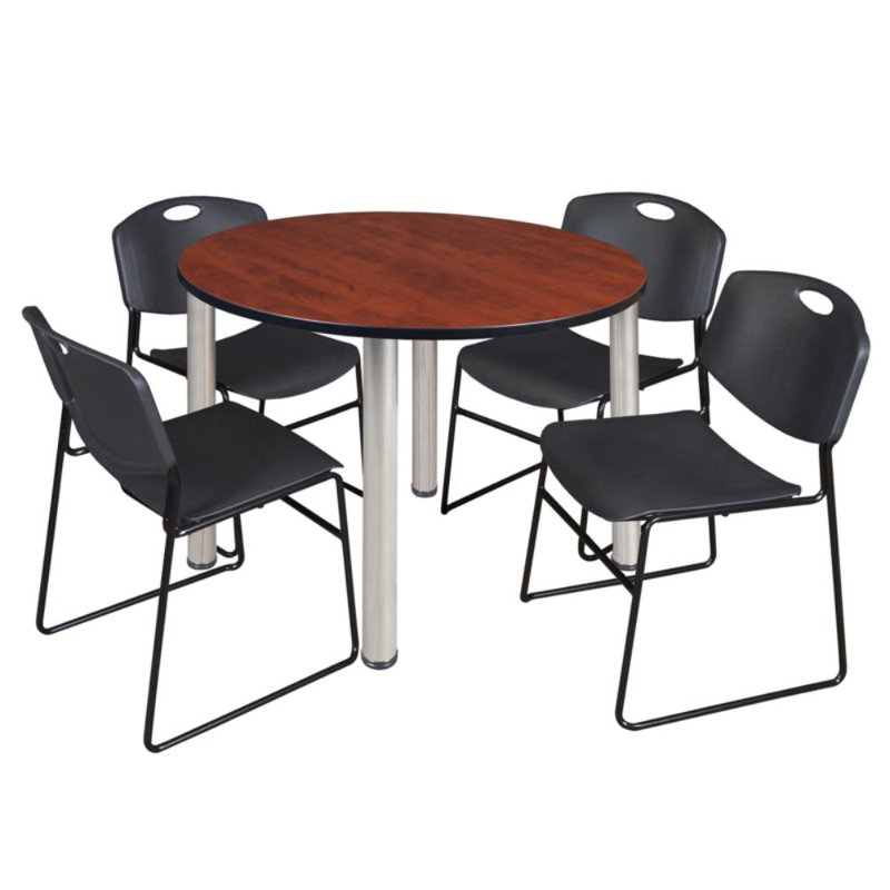 Plateau de table Niaya, 4 chaises empilables, Cerisier, Chrome