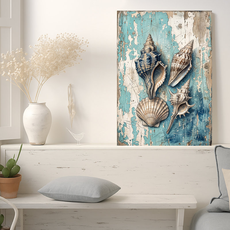 Assortiment de coquillages sur toile de bois bleu patiné, 48"H x 32"W