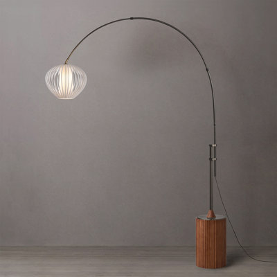 Tambo Arc Floor Lamp - Dark Walnut Wood Finish, Black Nickel Steel Body, Sphere White Satin Steel Shade, Steel Wood Base, 92" Height, 68" Reach, Dimmable
