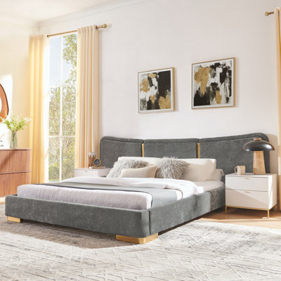 Queen Size Extra Large Platform Bed, Soft Chenille Fabric Frame