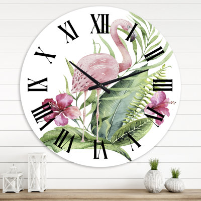 Flamant rose avec feuillage exotique et fleurs roses - Horloge murale traditionnelle