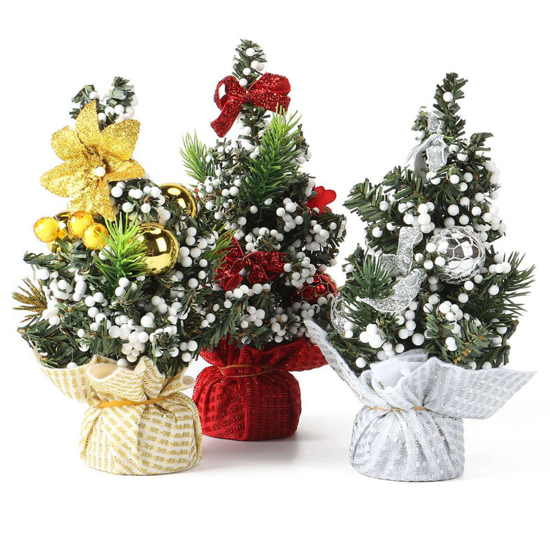 Ensemble de 3 mini sapins de table artificiels avec décorations, Rouge / jaune / blanc