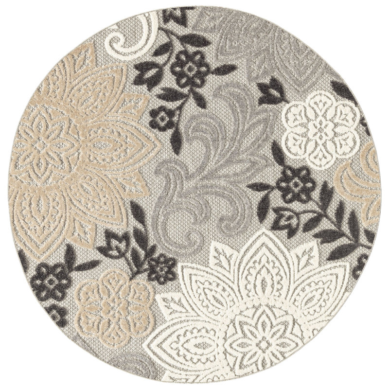 Floral Flatweave Water Resistant Indoor Outdoor Rugs for Patios, Deck, Porch or Entryway, Round 5'3''
