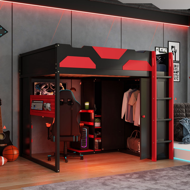 Lit mezzanine double en bois avec bureau, tablettes multiples, lumière USB et RVB, rouge, Red