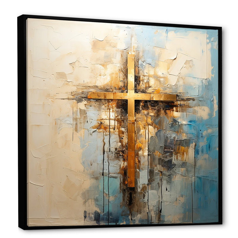 Reproduction d'art mural doré, croix de minimalisme religieuse II, H 36 po x l 36 po x P 1,5 po, Cadre flottant noir