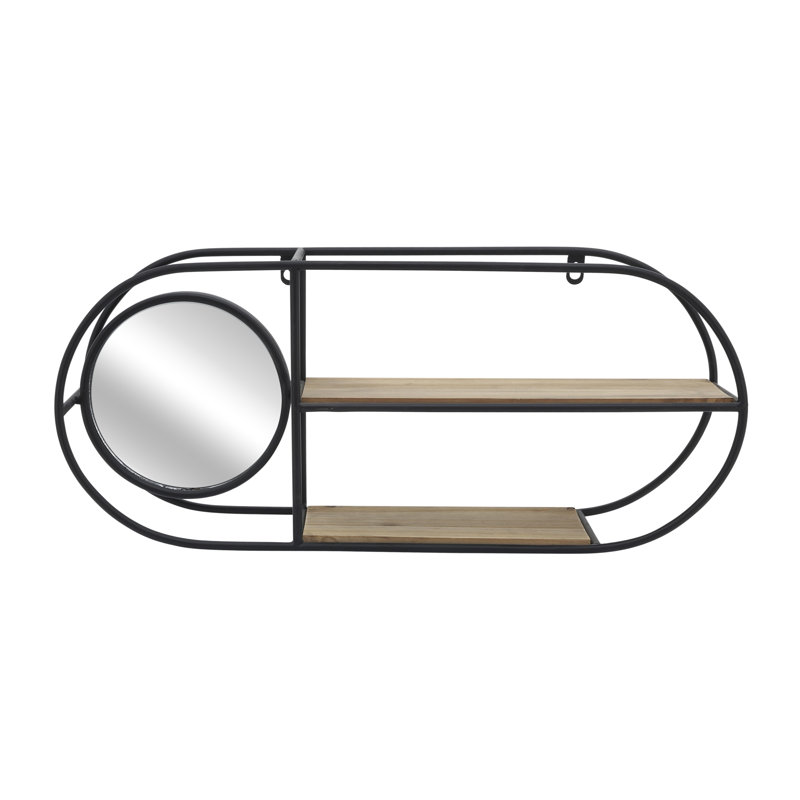 Casual Home Metal and Glass Wall Storage with Round Mirror, Iron Frame, Geometric Design and Dual Shelving