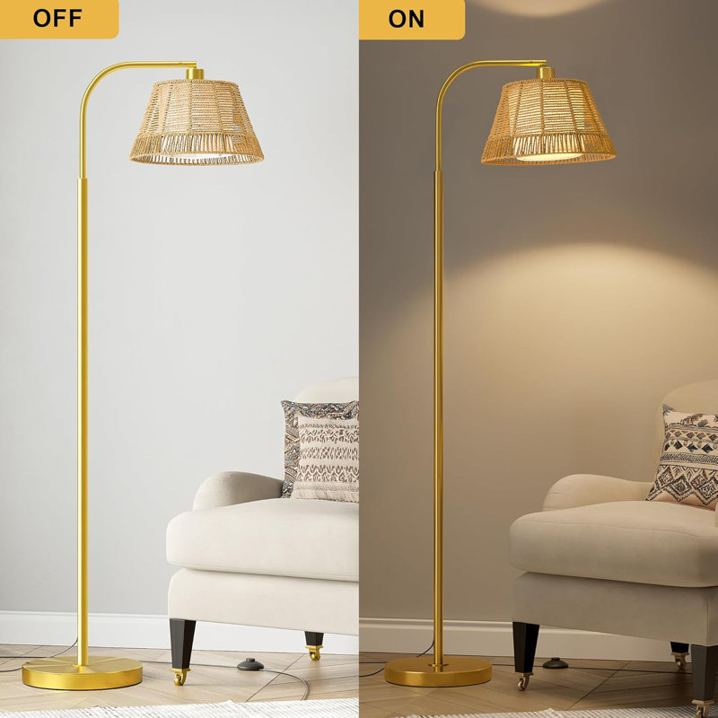 Lampe sur pied en rotin bohème avec osier tissé à la main et abat-jour en tissu
