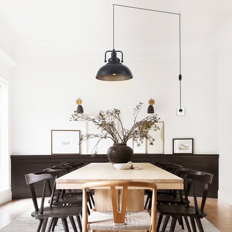 Luminaire suspendu rétro en métal à 1 lumière avec abat-jour dôme industriel Bonifant, Black