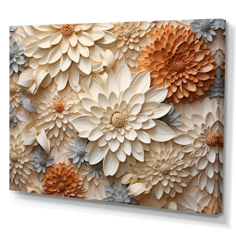 Fleurs de zinnias beiges sur toile, H 34 po x l 44 po x P 1,5 po, Toile tendue