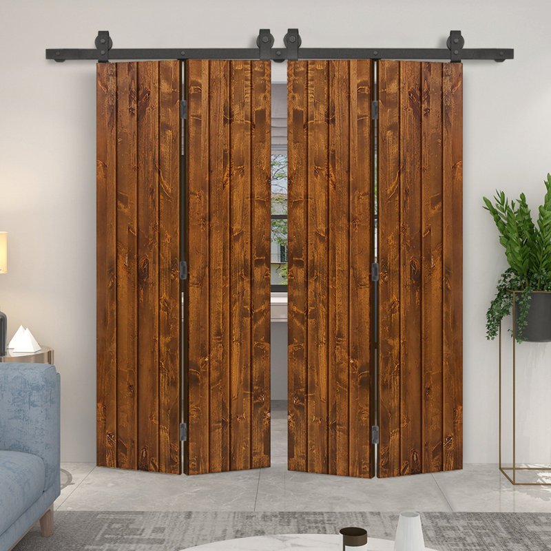 Porte de grange double pliante en bois de pin teinté avec quincaillerie coulissante, 40 po x 84 po, Noyer