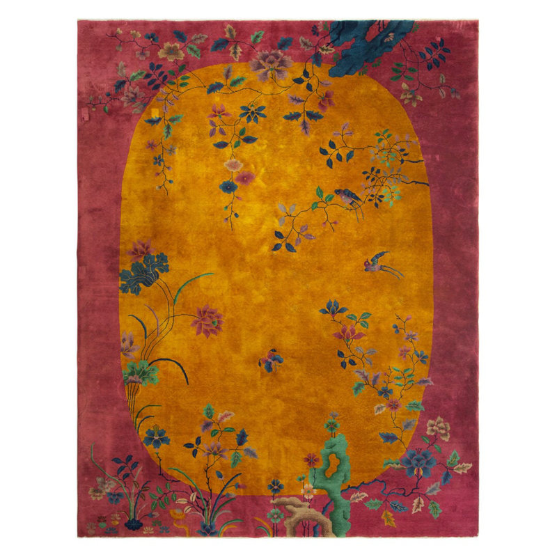 Yellow Gold Open Field Room Size Antique Floral Chinese Art Deco Carpet