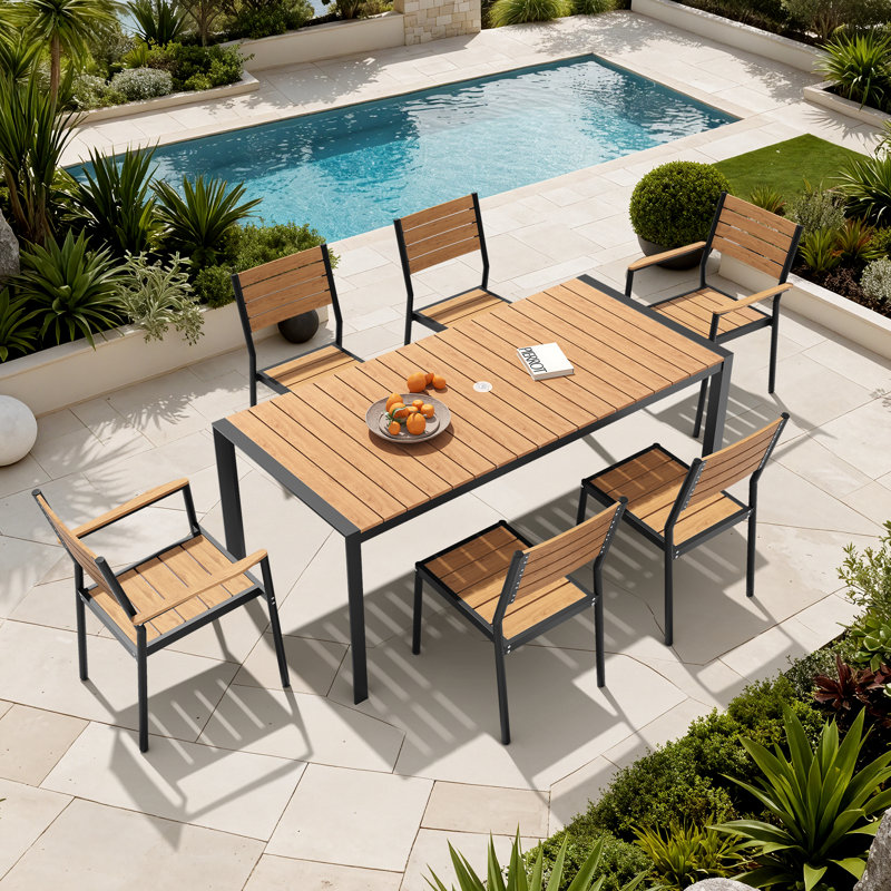 6 - Person Aluminum Patio Dining Set With Stackable Armchairs And Armless Chairs, Brown