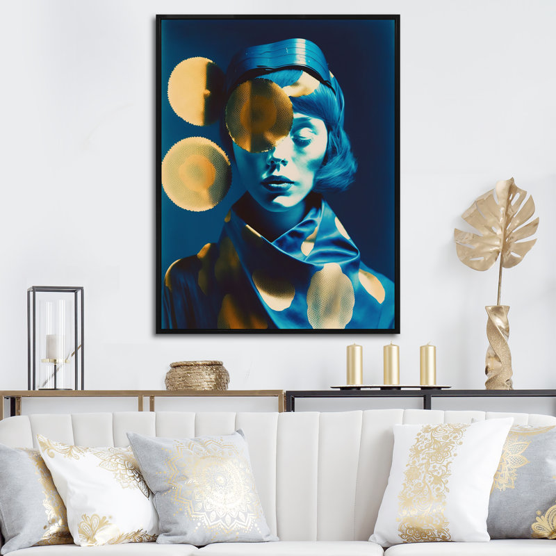 Earvin Avant Garde, modèle en or et bleu rétro sur toile, H 40 po x l 30 po x P 1,5 po, Cadre flottant noir