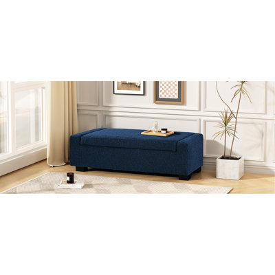 Tissu texturé bleu l 50,75 po avec couvercle à charnières, pour le rangement dans le salon et les pieds larges en bois de bouleau