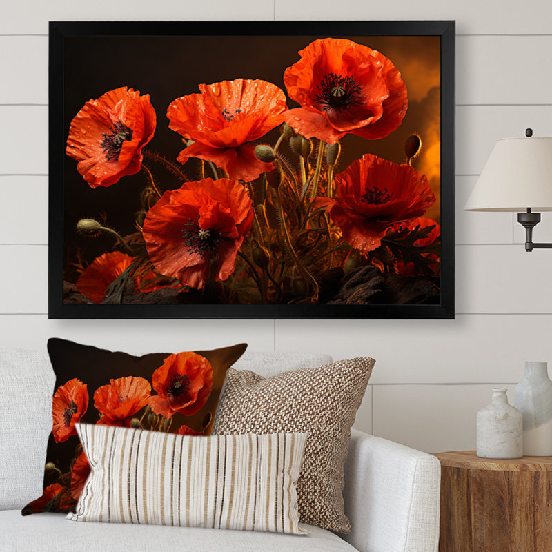 Art floral sur toile coquelicot, impression de champ de fleurs rouges - Champ de coquelicots rouges III, Gold Picture Framed