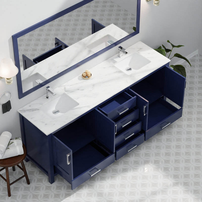 Navy Blue Double Bath Vanity 80 In. W X 22 In. D, With Carrara Marble Top, Navy Blue