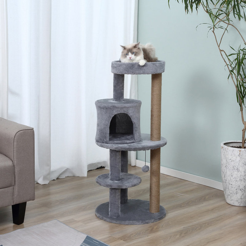 41" Cat Tree Tower with Condo, Scratching Posts, Hanging Ball, Grey