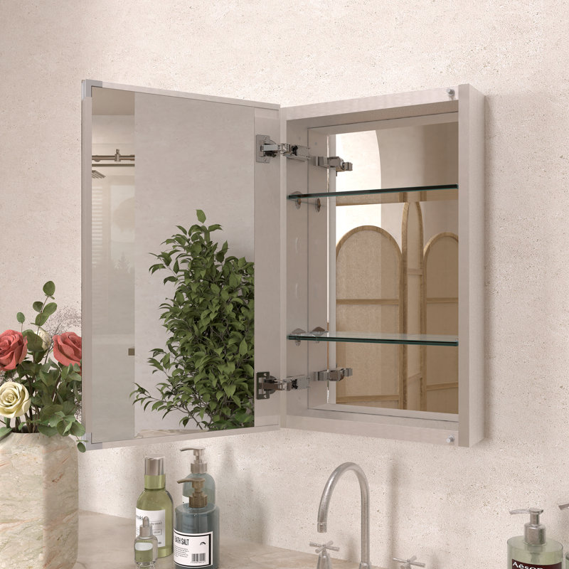 Armoire à pharmacie sans cadre 24 H x 15 avec porte miroir pour rangement mural encastré ou en surface, Argent
