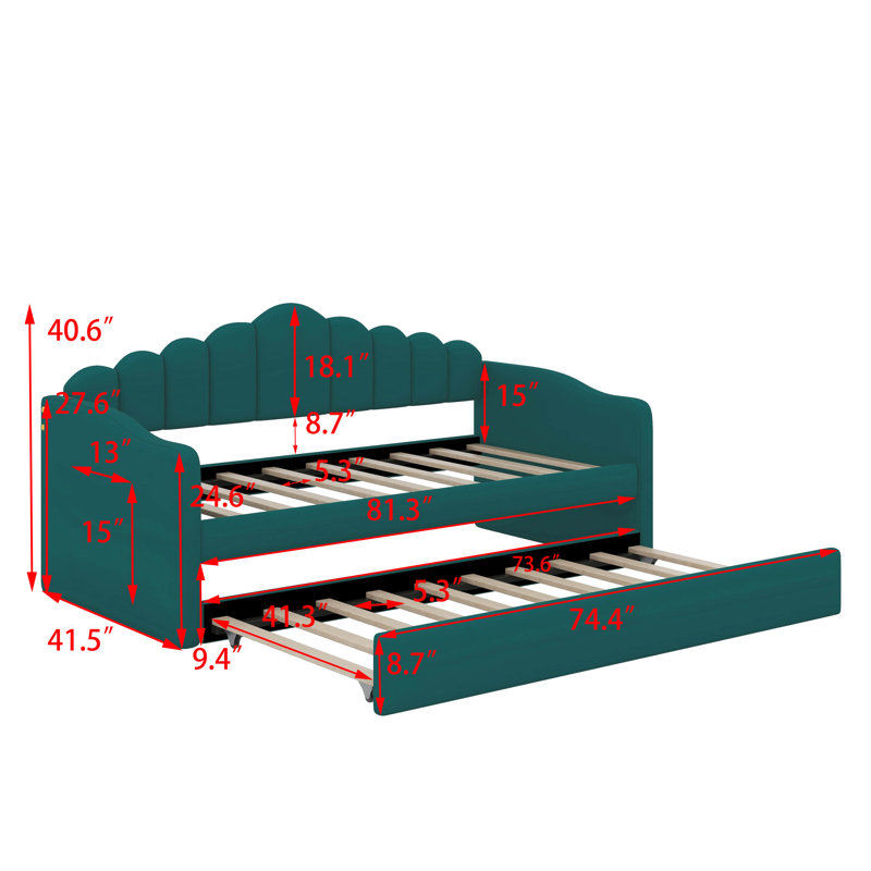 Lit de jour avec lit gigogne simple, cadre rembourré avec canapé-lit, ports de chargement USB, Vert