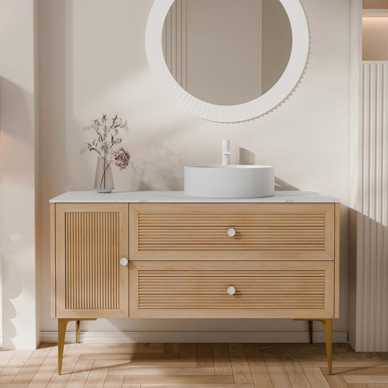 48" Modern Oak Freestanding Bathroom Vanity / Ceramic Vessel Sink, Brass Legs & Mother-of-Pearl Handles – French Country Style Bathroom Cabinet