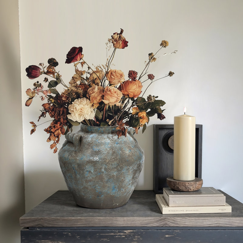 Vase décoratif vintage texturé rustique vintage bleu et brun avec poignées Amphora, H 10,83 po x l 11,02 po x P 11,02 po