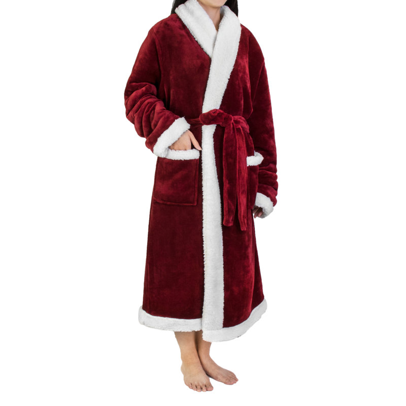 Peignoir mi-mollet en molleton avec poches, Vin