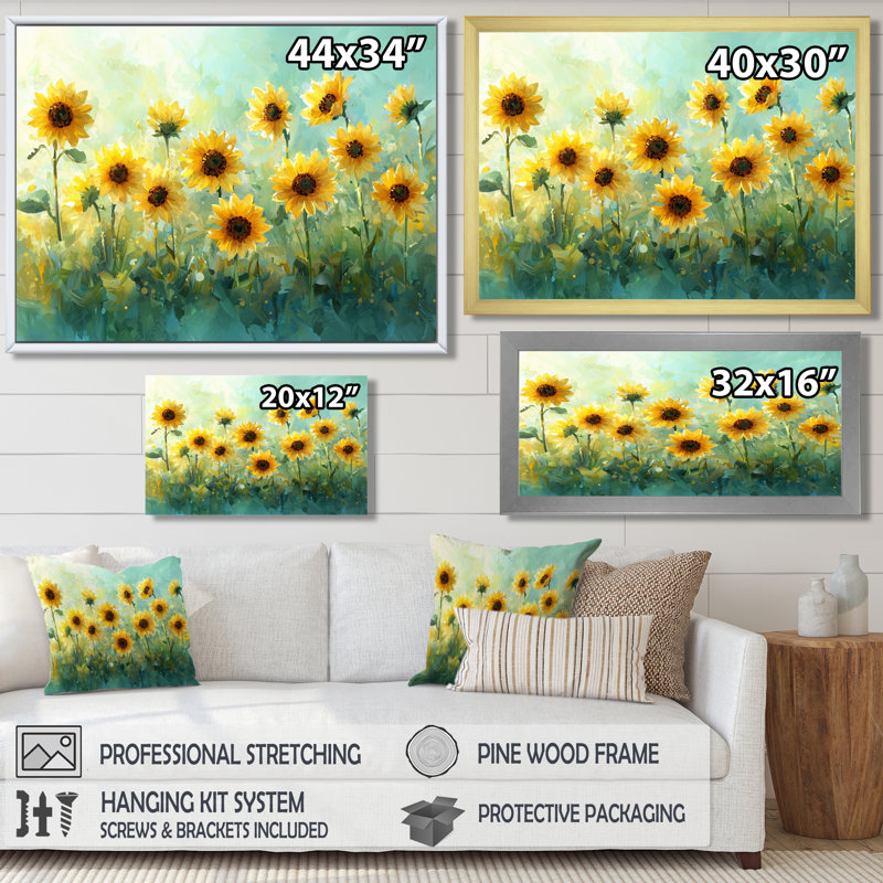 «Country Side Sunflowers Field Sky Horizon II» - Art mural tournesols, Reproduction encadrée d'une seule photo, Argent argent
