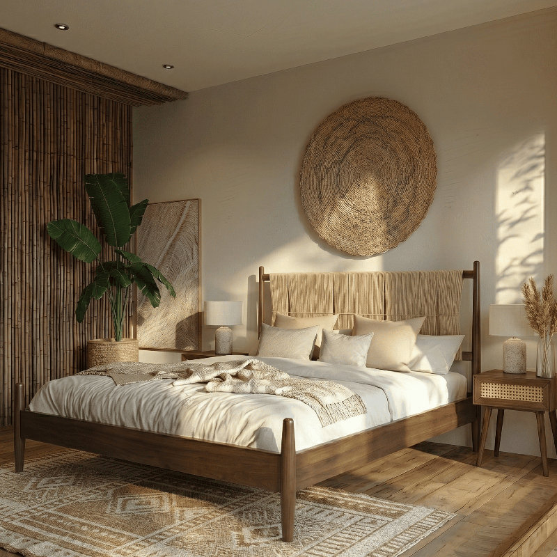 Marenzo Queen Platform Bed with Handwoven Headboard – American Walnut Veneer, Solid American Walnut Legs, Artisan Craftsmanship, Silent Slats, Effortless Assembly, Queen – Dark Walnut