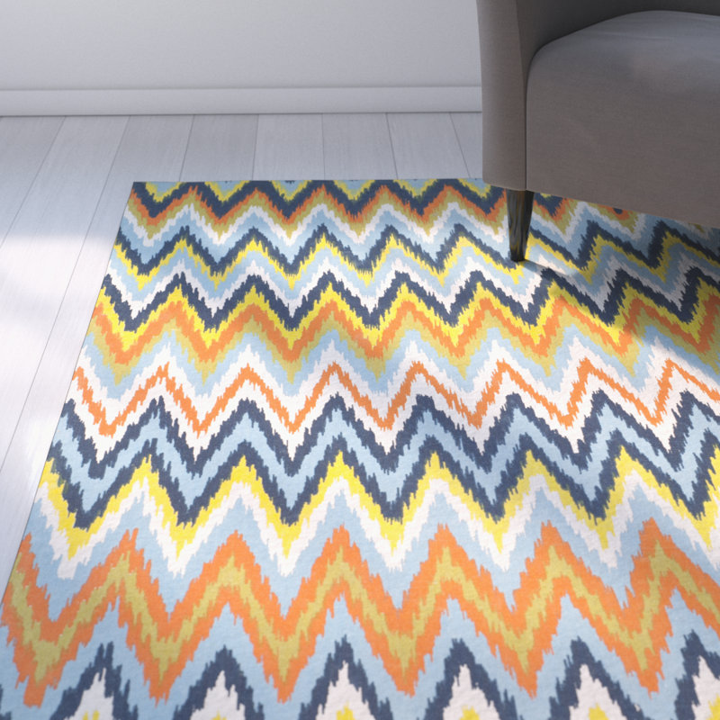 Blair Blue/Yellow/Orange Striped Contemporary Area Rug, Rectangle 7'3" x 9'3"