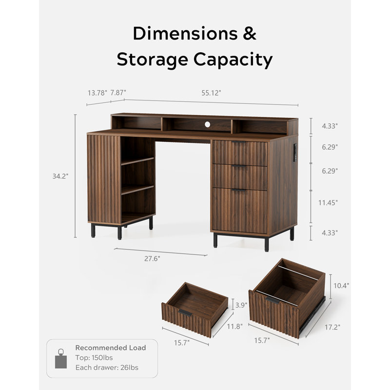 Bureau de direction cannelé 55 "avec tablette de rangement et tiroir classeur, Brun